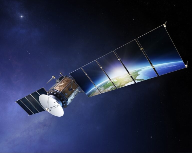 satellite communications with earth reflecting in solar panels picture id477750197 768x610